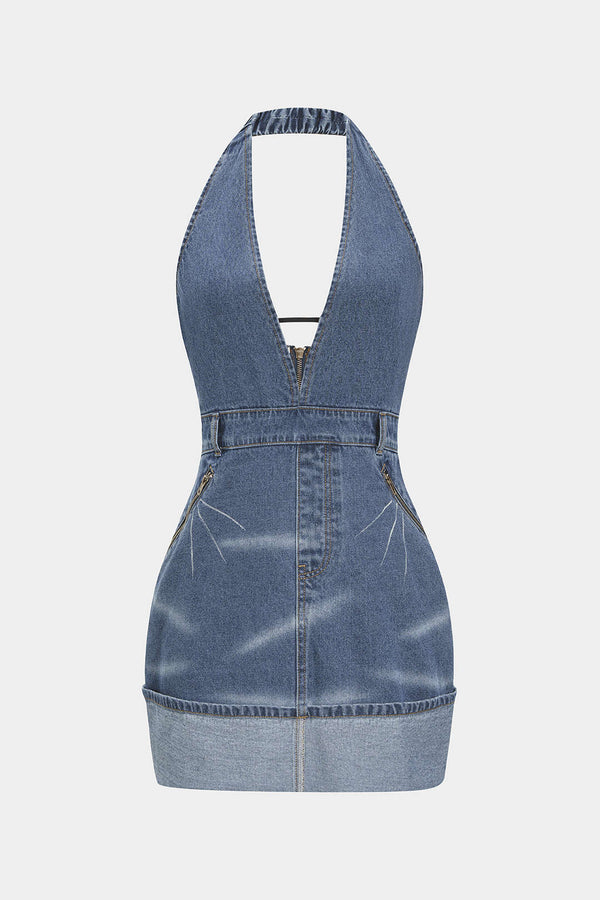 Denim verwassen minijurk met open rug, rits en halternek