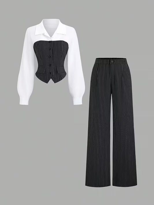Striped Two-Piece Set with Blouse and Trousers