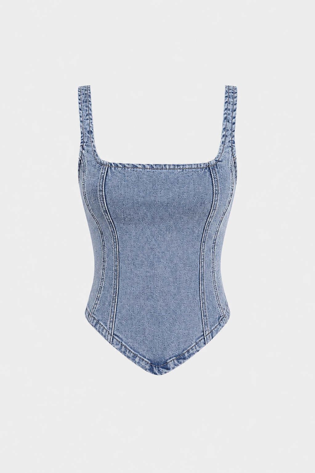 Denim top met ronde hals, naaddetails en ritssluiting.