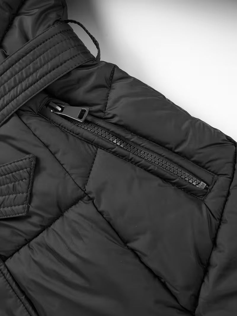 Midi Puffer Jacket with Hood and Belt - Long