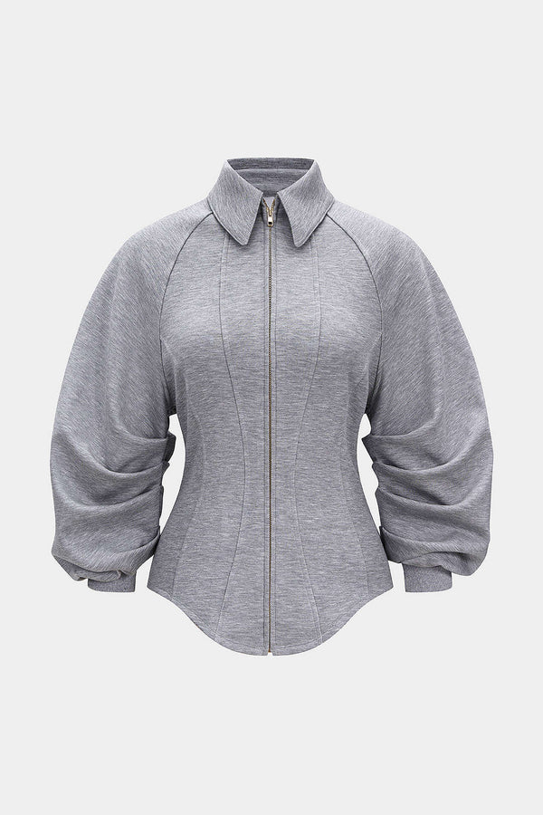 Sweater met rits, ruches en getailleerde pasvorm
