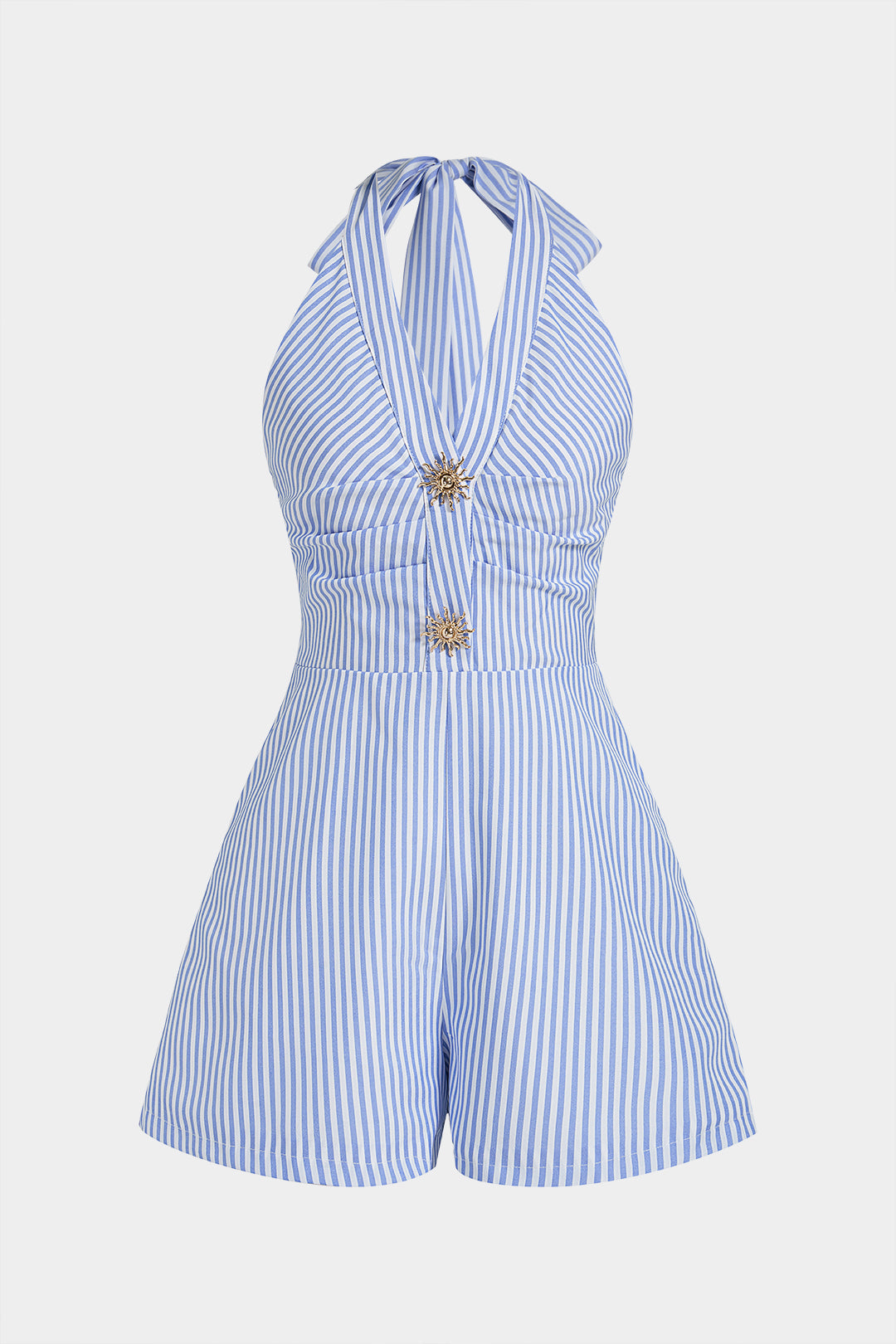 Gestreepte mouwloze playsuit met halternek, V-hals en strik