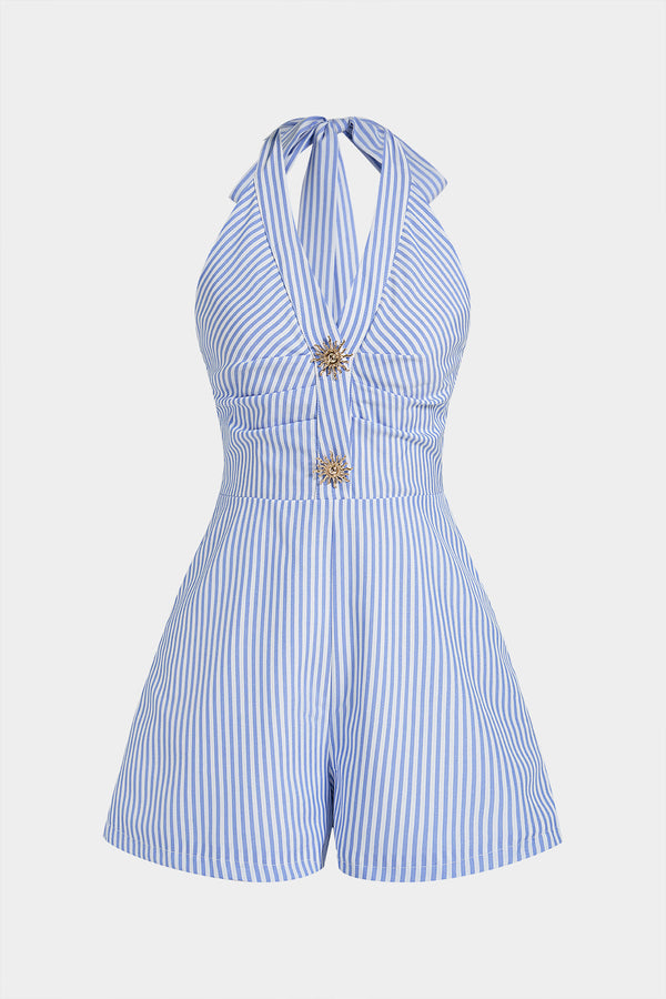 Gestreepte mouwloze playsuit met halternek, V-hals en strik