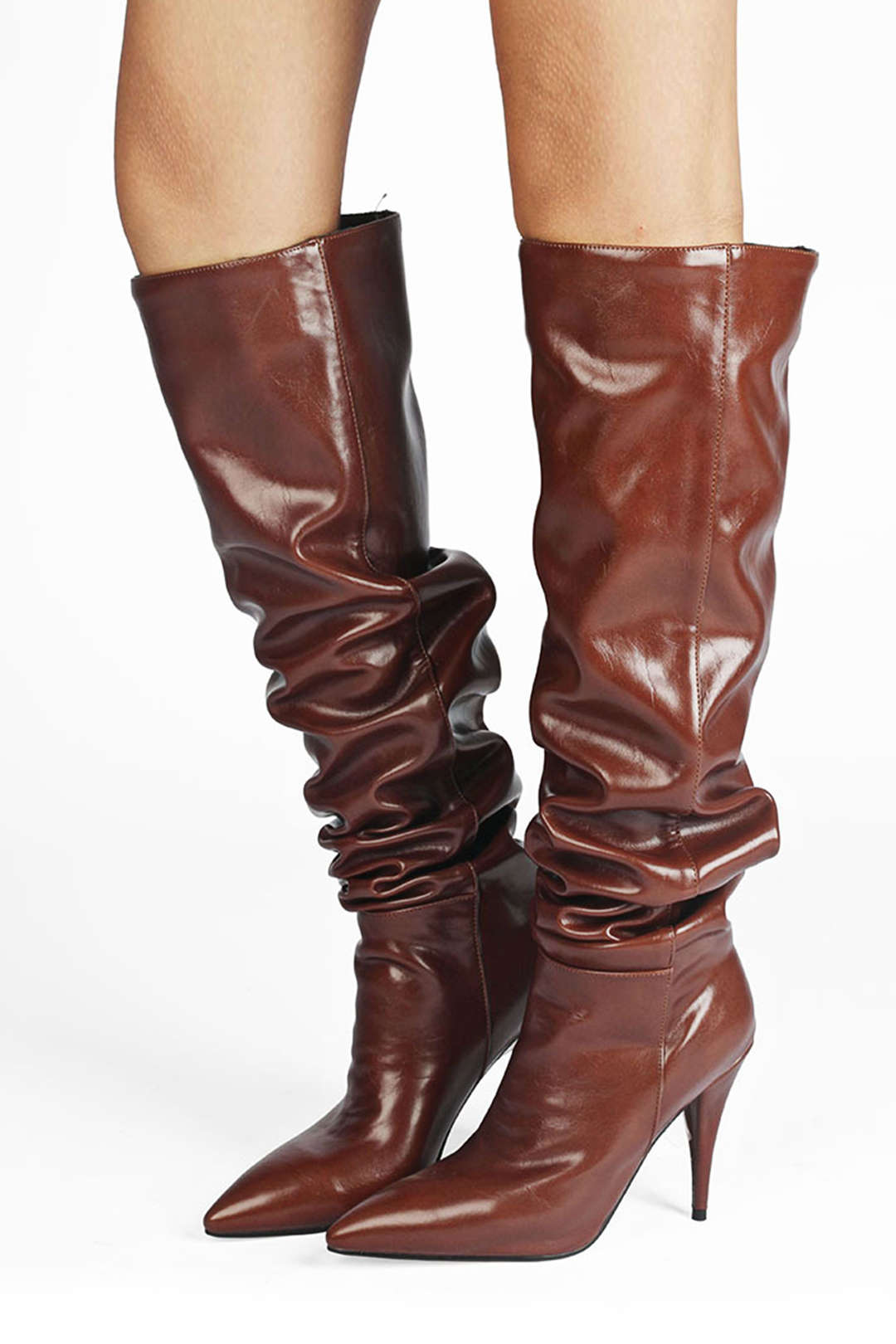 Sterre - Leren-look kniehoge laarzen met ruches