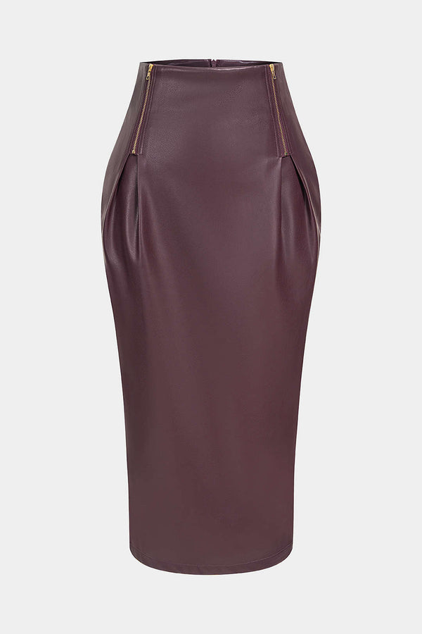 Leren-look rok met rits en hoge taille