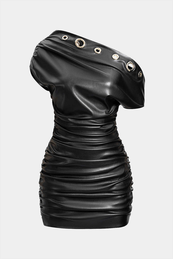 Leren-look metallic minijurk met ruches en één schouder