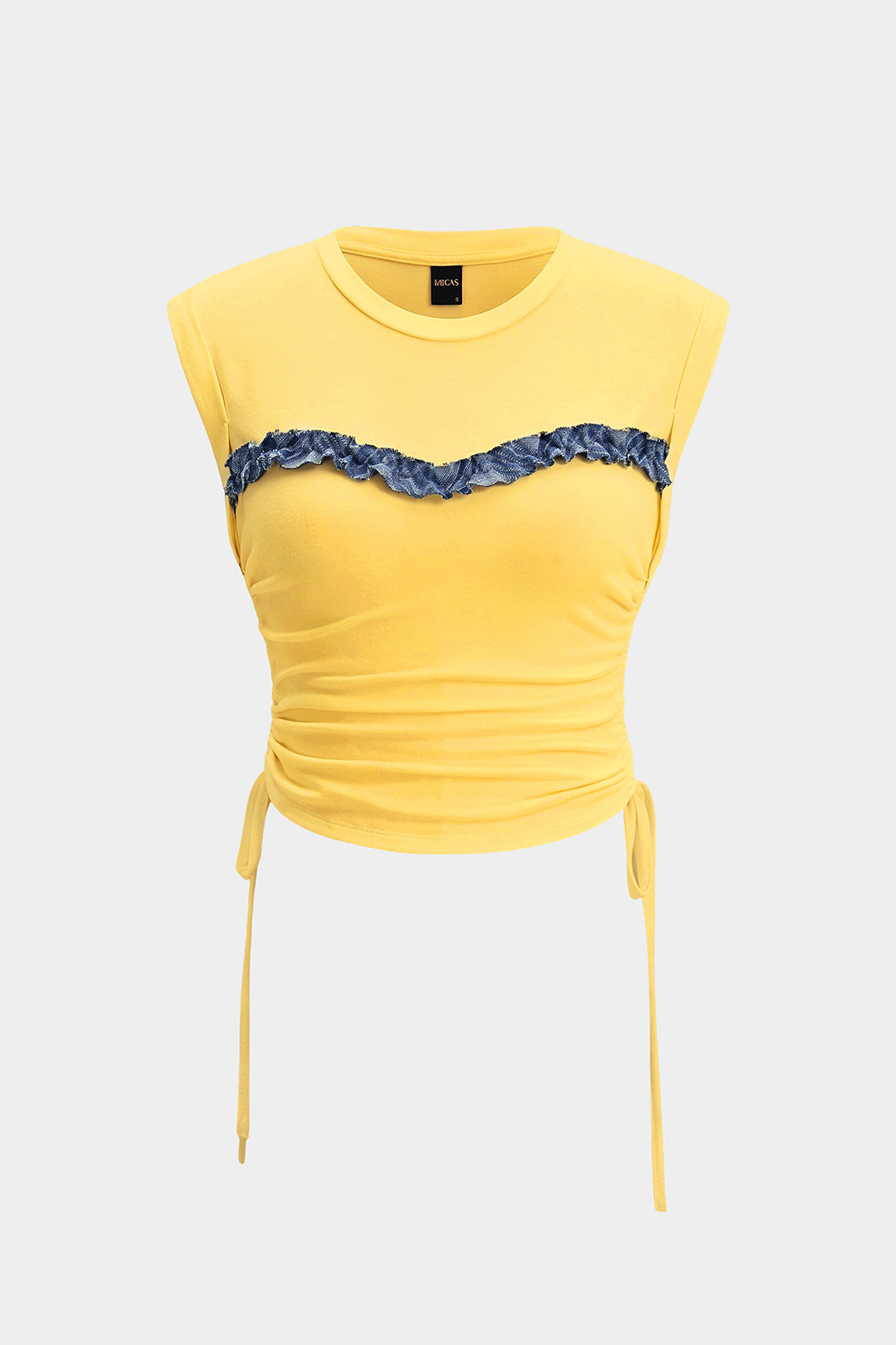 Patchwork T-shirt met ronde hals, strik en korte mouwen