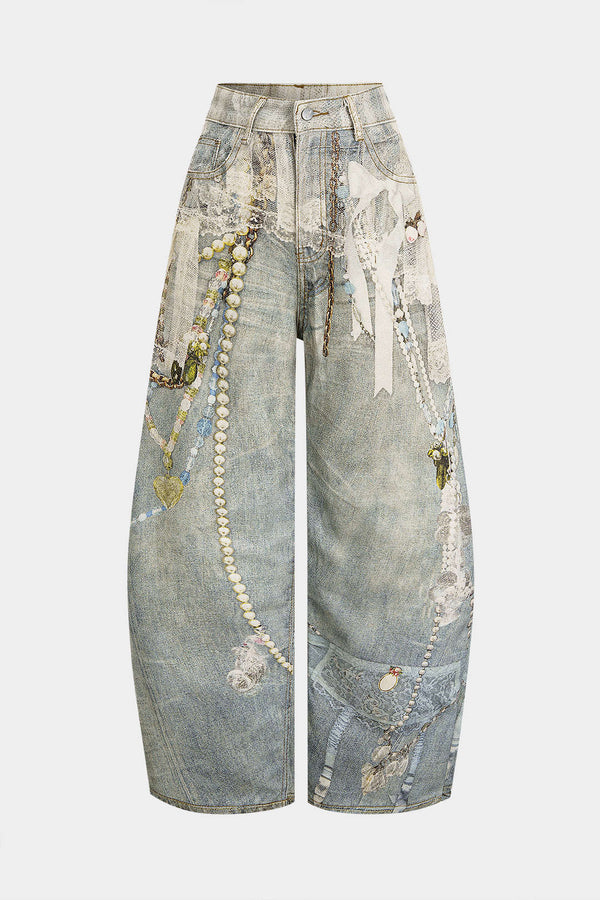 Denim abstracte print broek met wijde pijpen