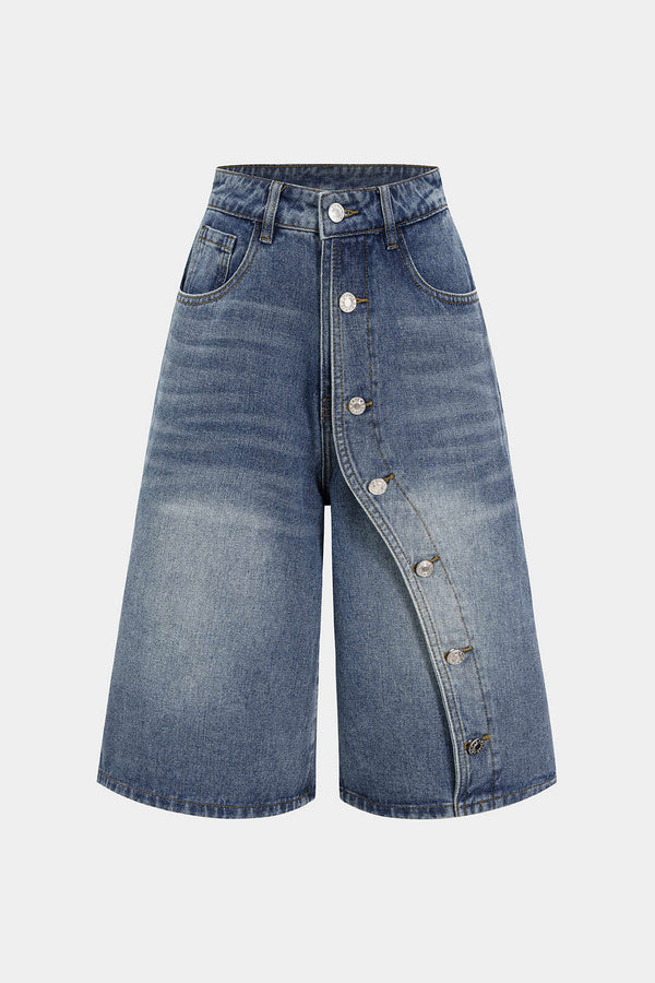 Rina - Denim asymmetrische short met knoopjes