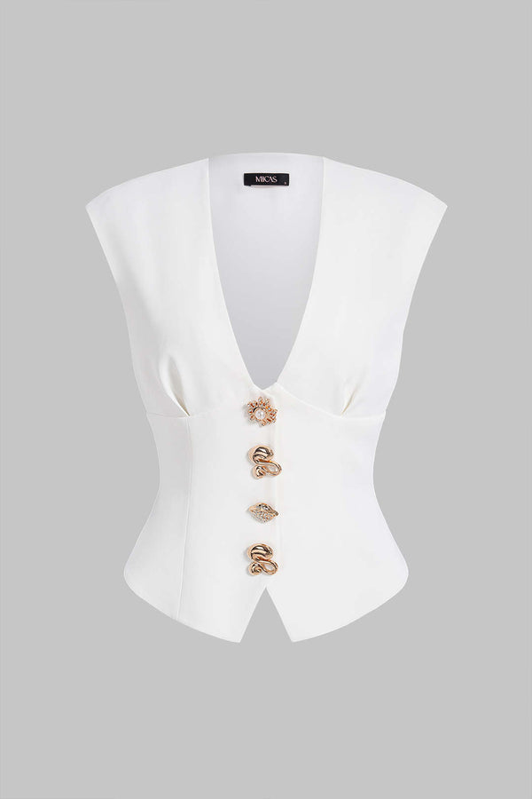 Metallic tanktop met knoopjes en V-hals