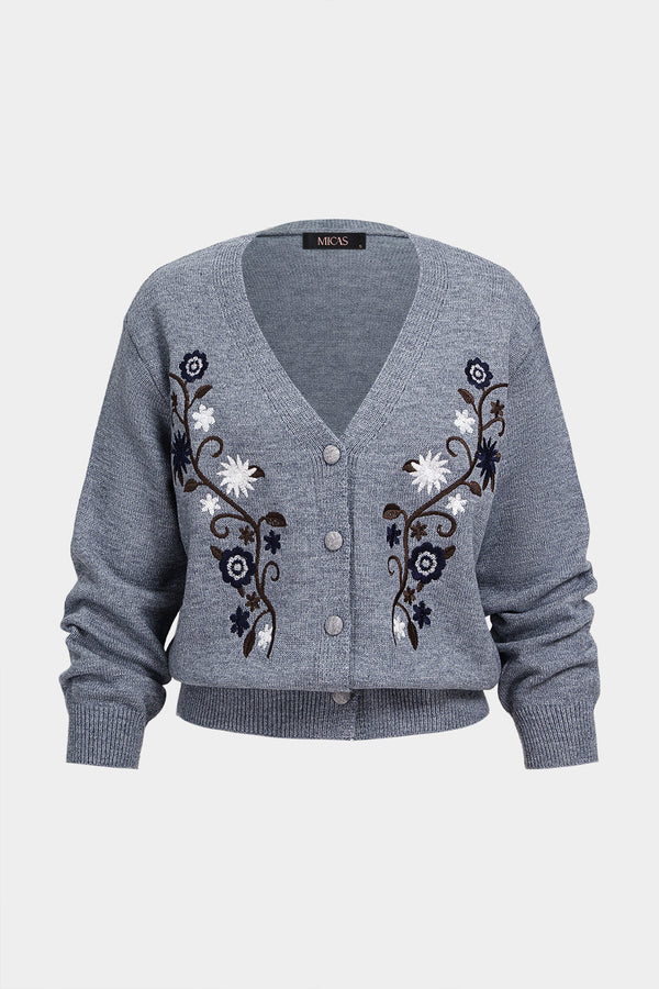 Gebreid bloemenprint vest met V-hals en borduursel