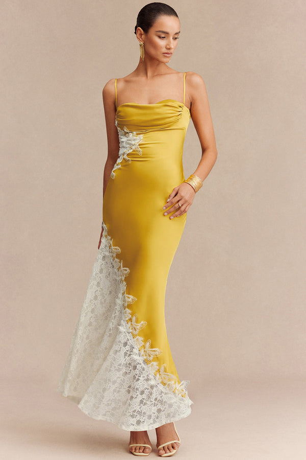 Patchwork satijnen maxijurk met kanten rand