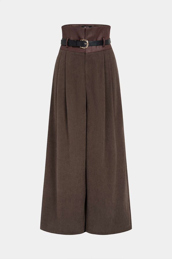 Ribfluwelen patchwork broek met riem en hoge taille