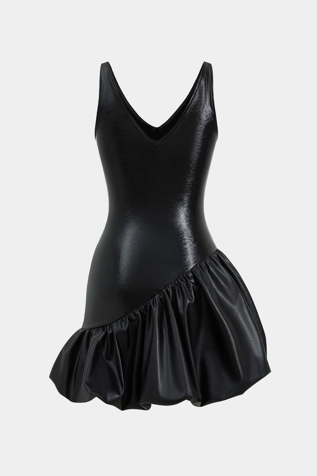 Leren-look asymmetrische minijurk met ruches en V-hals