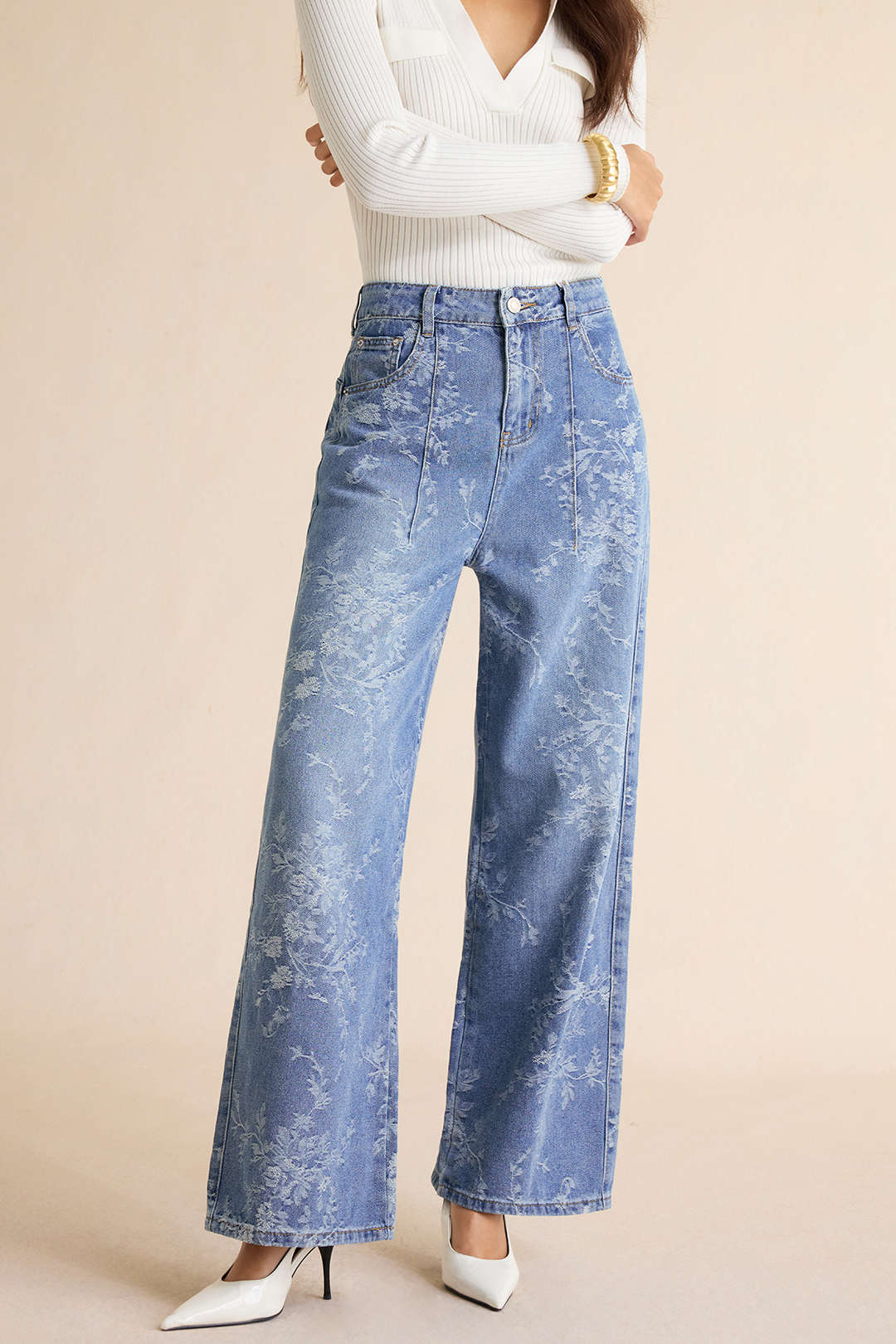 Jacquard jeans met wijde pijpen