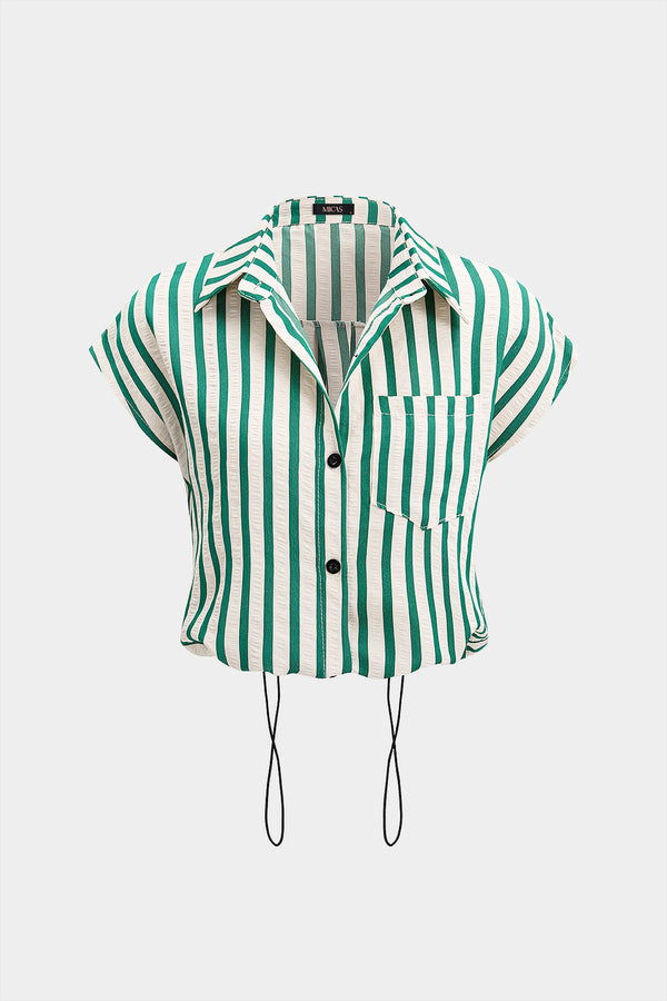 Gestreepte blouse met revers, knoopjes en trekkoord