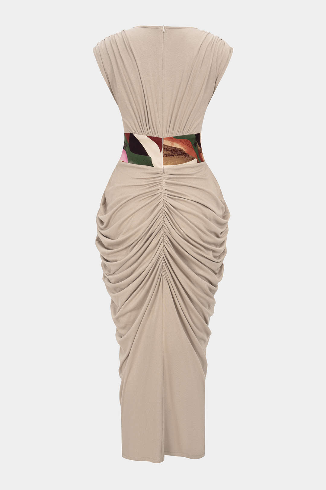 Abstracte print mouwloze maxijurk met V-hals, ruches en rits