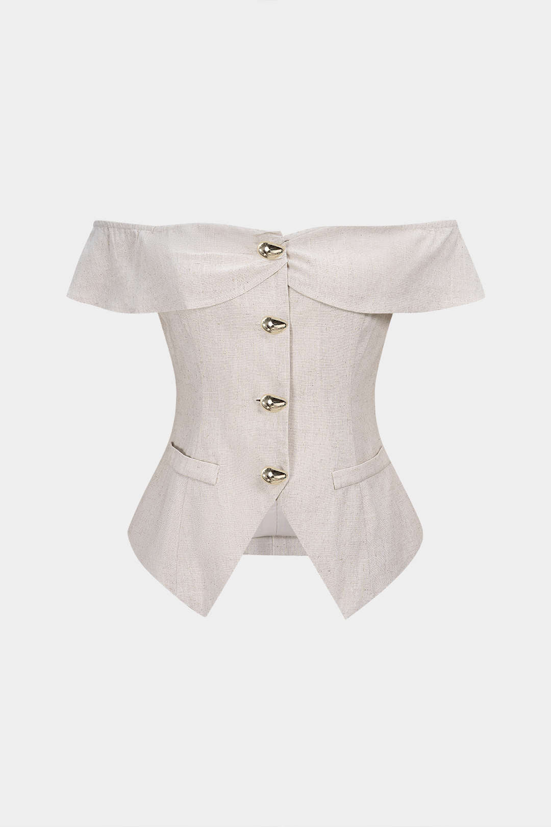 Linnen metallic top met knoopjes en blote schouders