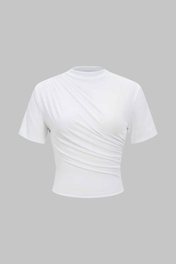 Evi - T-shirt met opstaande kraag, ruches en korte mouwen
