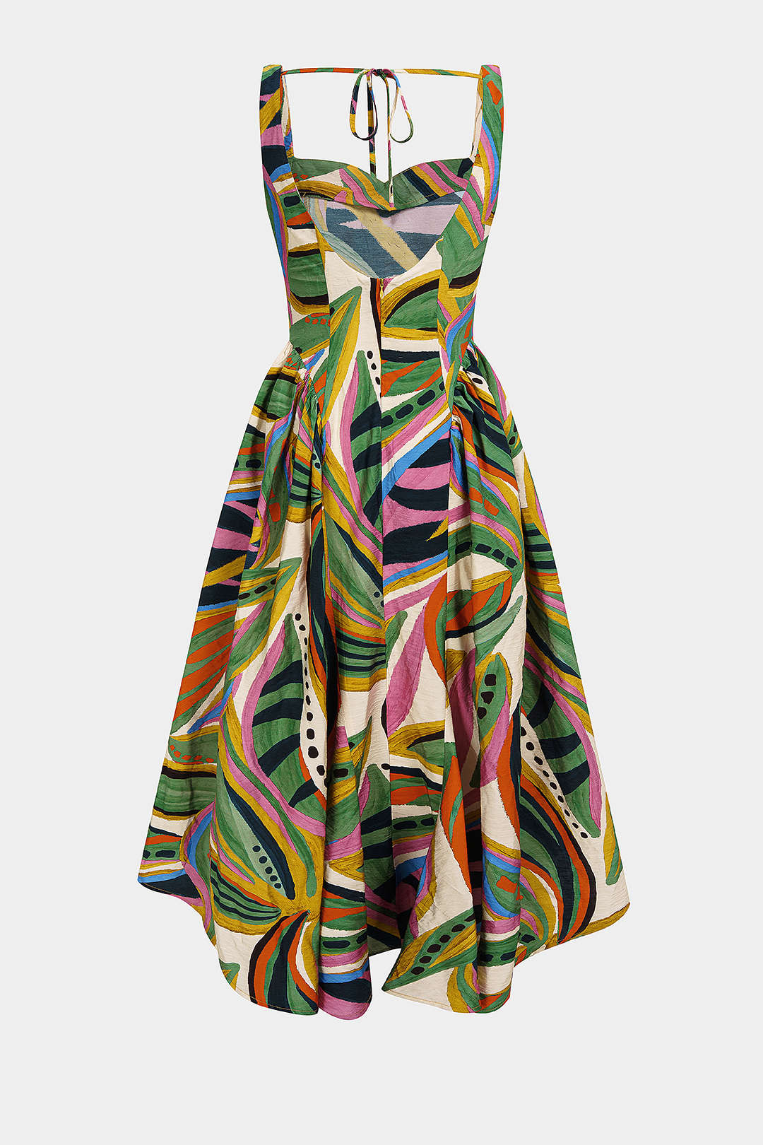 Abstracte print mouwloze maxijurk met ruches