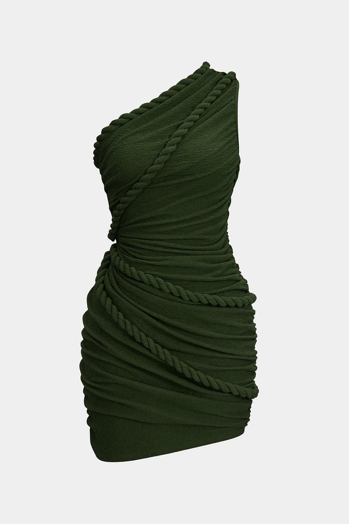 Sleeveless pleated mini dress with one shoulder and twist button