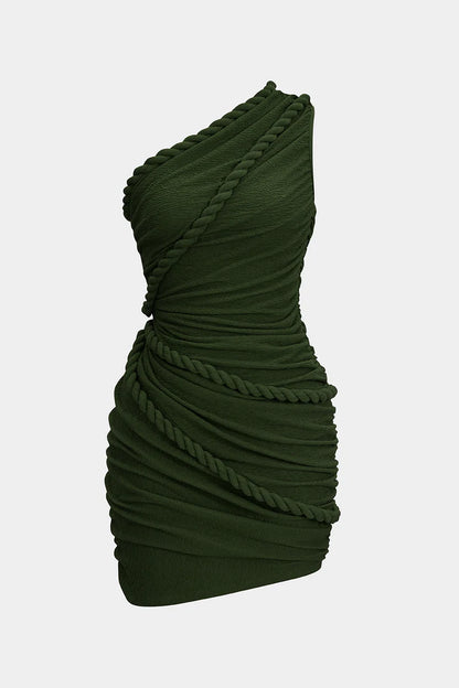 Sleeveless pleated mini dress with one shoulder and twist button