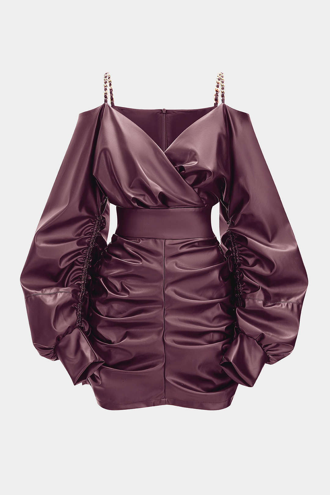 Gwen - Leren-look metallic minijurk met kettingdetail en ruches