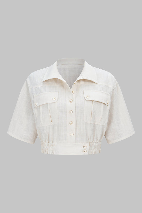 Linnen blouse met revers, knoopjes en korte mouwen