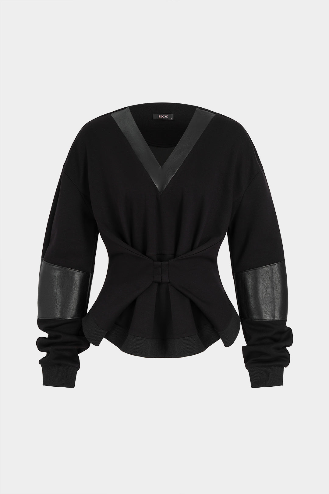 Leren-look patchwork hoodie met V-hals en lange mouwen
