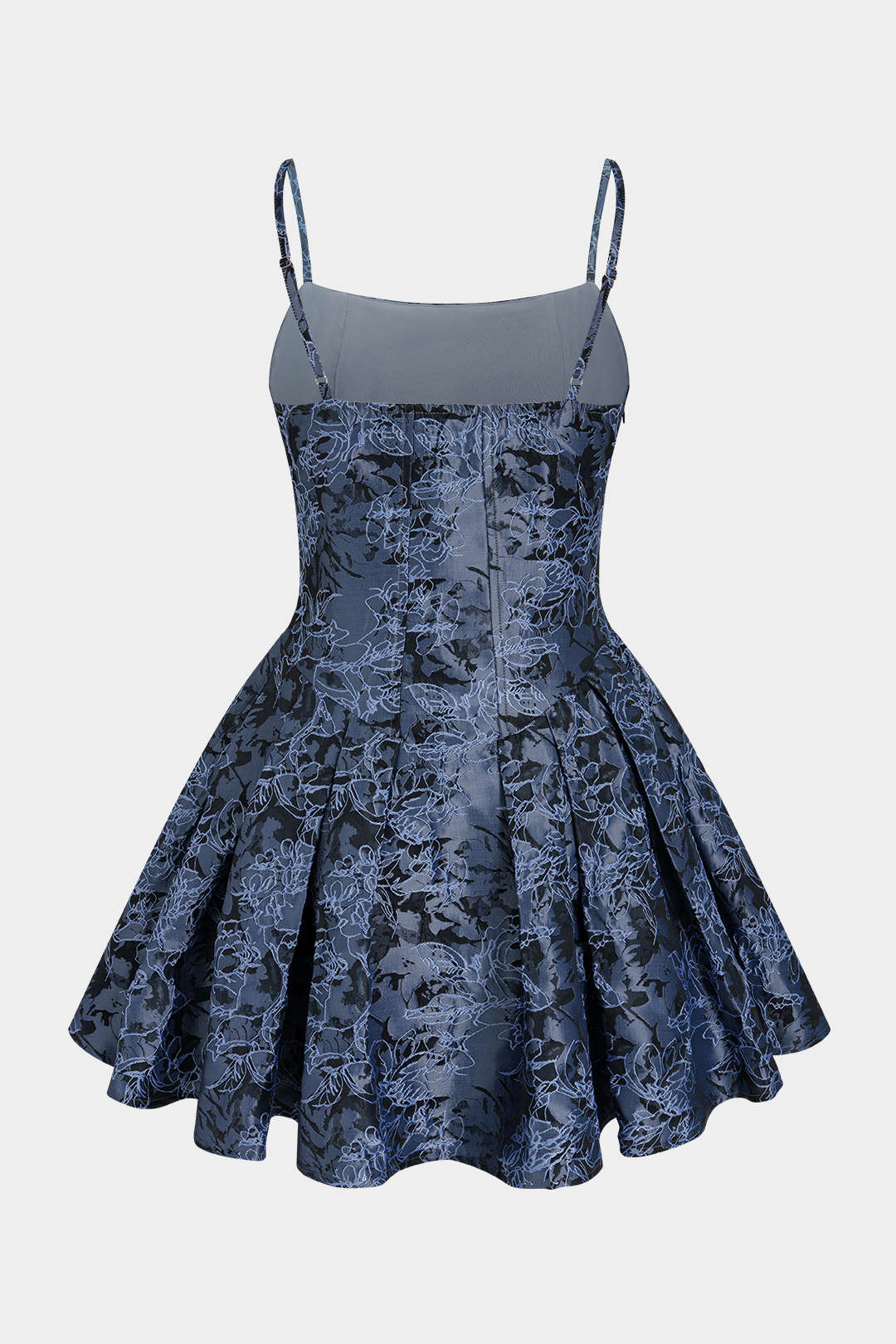 Jacquard mouwloze minijurk met spaghettibandjes en ruches