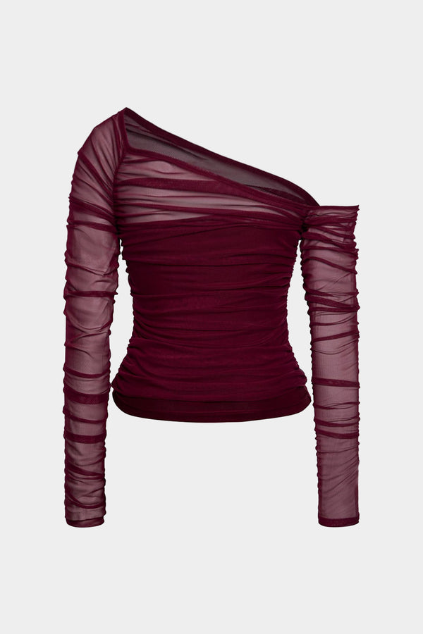 Mesh top met één schouder, ruches en lange mouwen