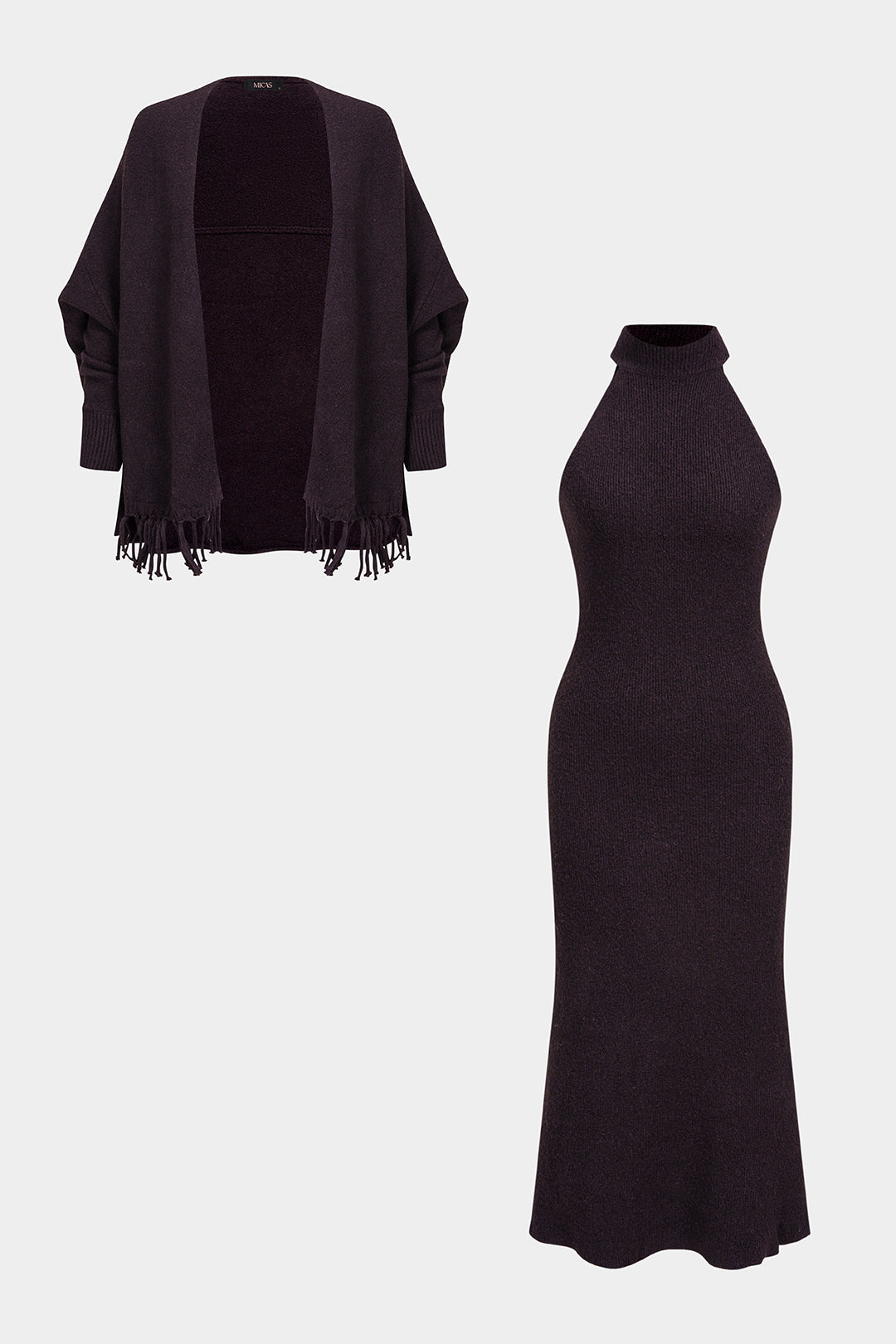 Gebreide set met maxijurk en vest