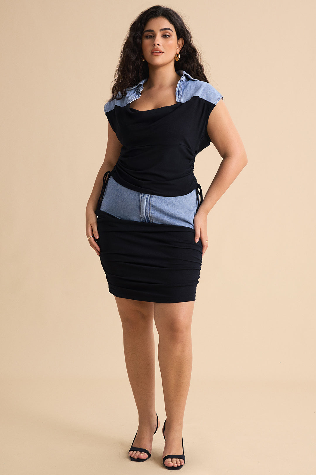 Daphne - Denim patchwork croptop met trekkoord