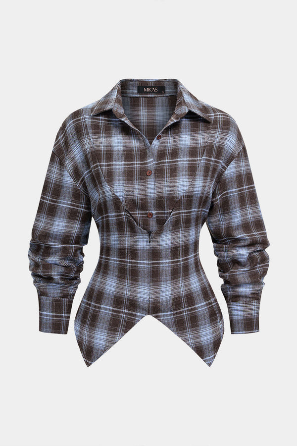 Geruite blouse met knoopjes, strik en lange mouwen