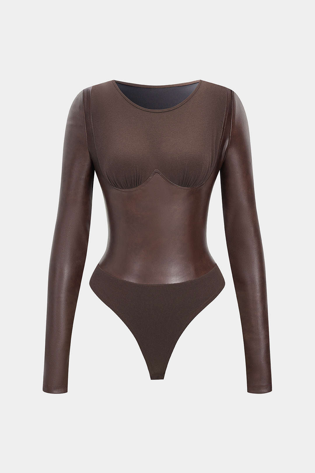 Jolie - Leren-look patchwork body met ronde hals en lange mouwen