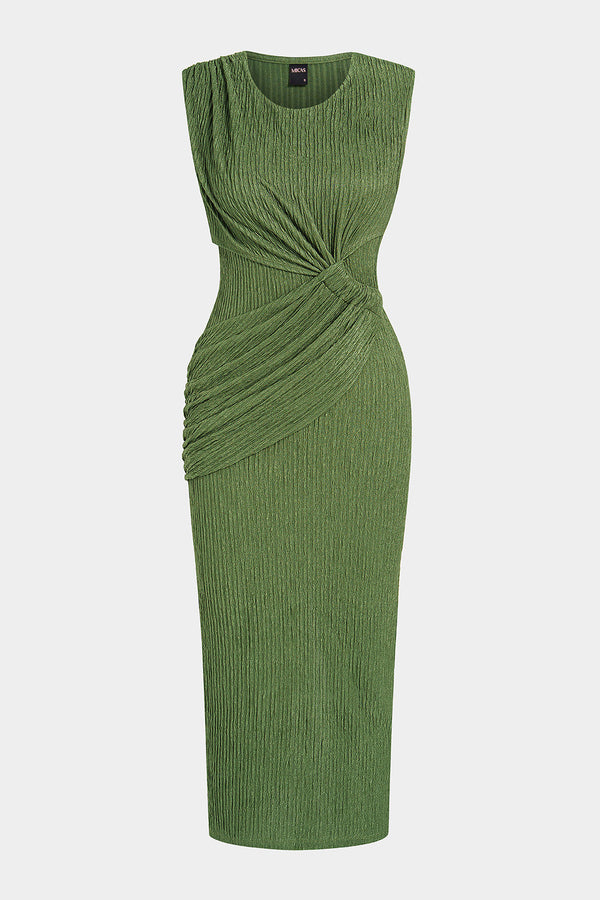Lyla - Asymmetrische mouwloze midijurk met ronde hals en ruches