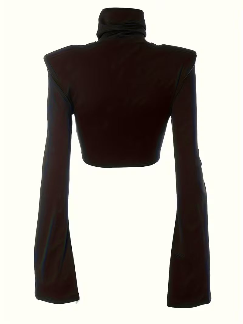Y2K Crop Top with High Neck and Shoulder Pads