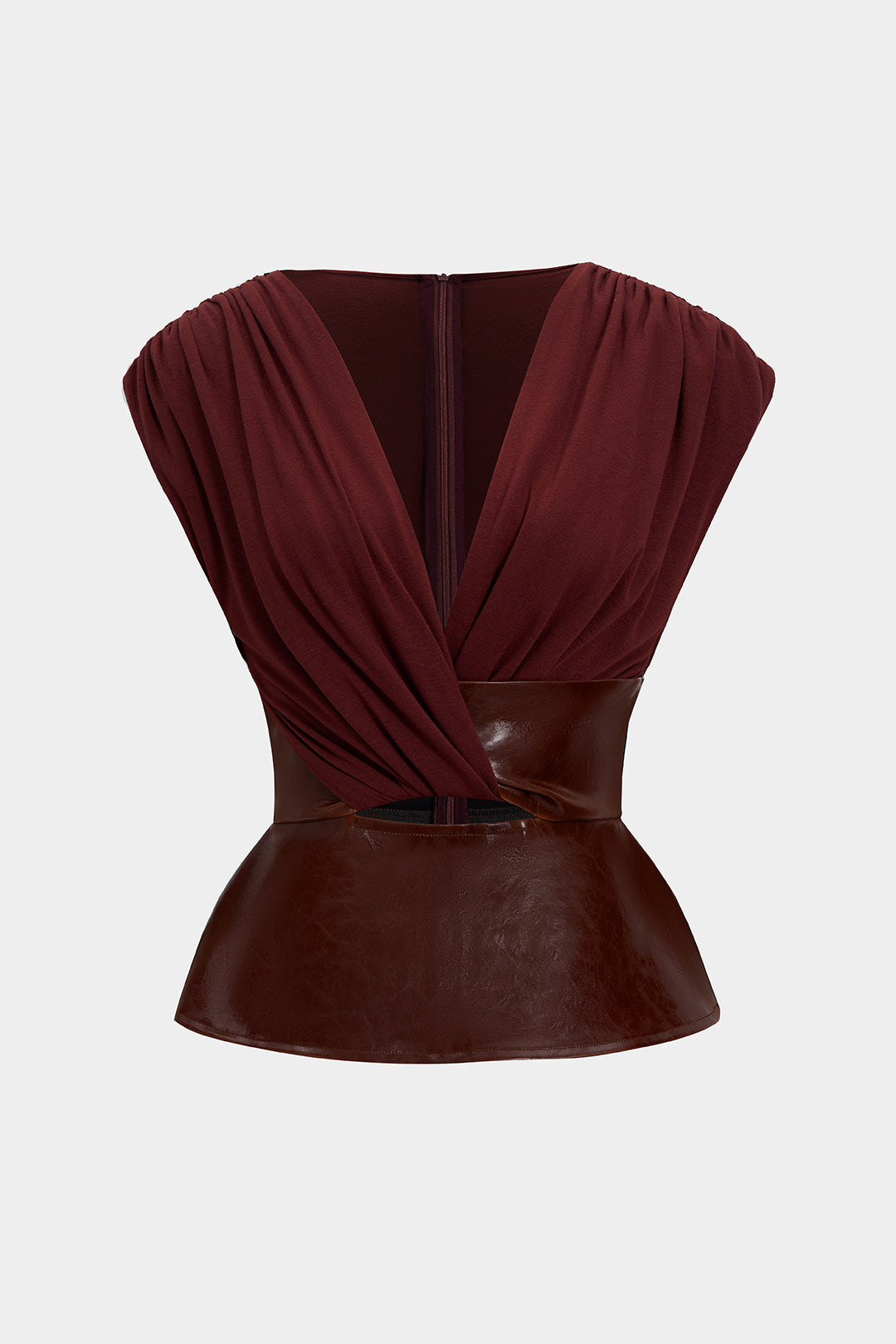 Leren-look patchwork top met ruches, rits en korte mouwen