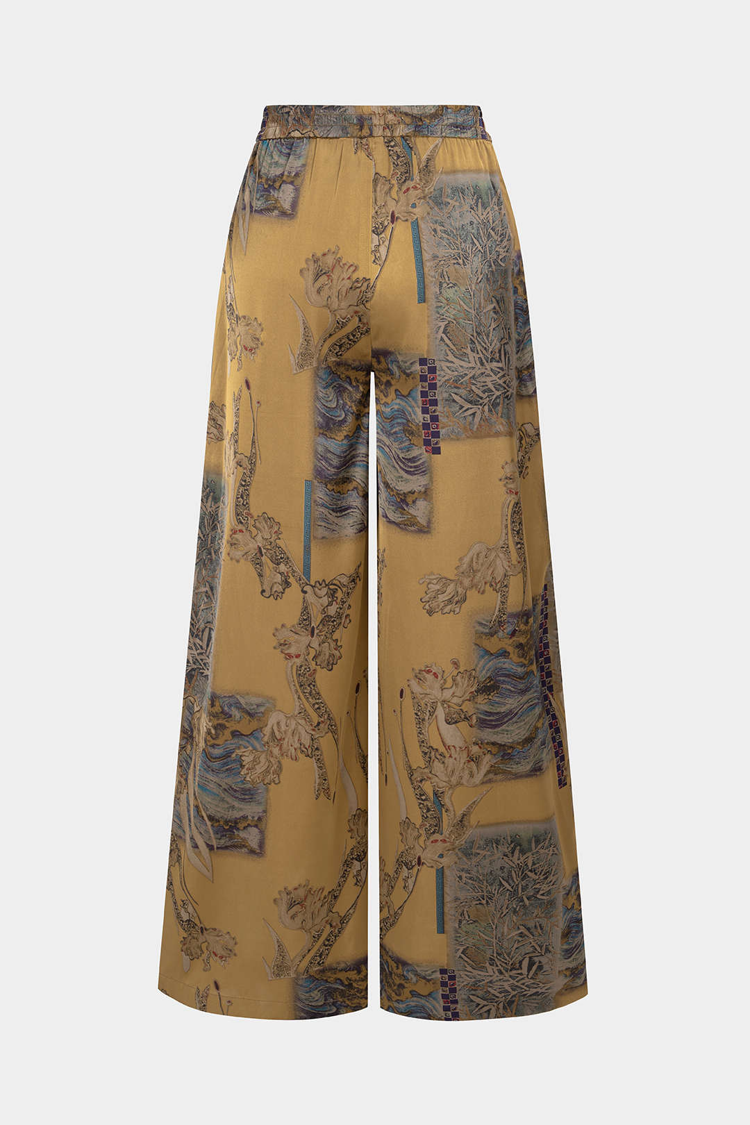Quinn - Abstracte print satijnen broek met smokwerk en wijde pijpen