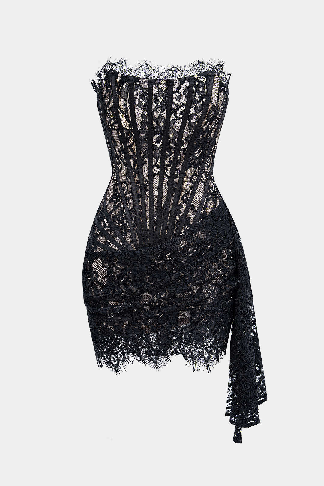 Mouwloze minijurk met kant en strapless pasvorm