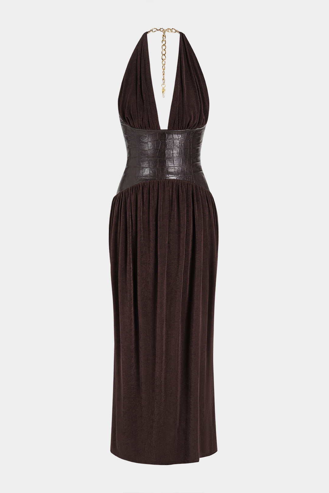 Mouwloze maxi-jurk met halterhals, imitatieleer en metalen ketting