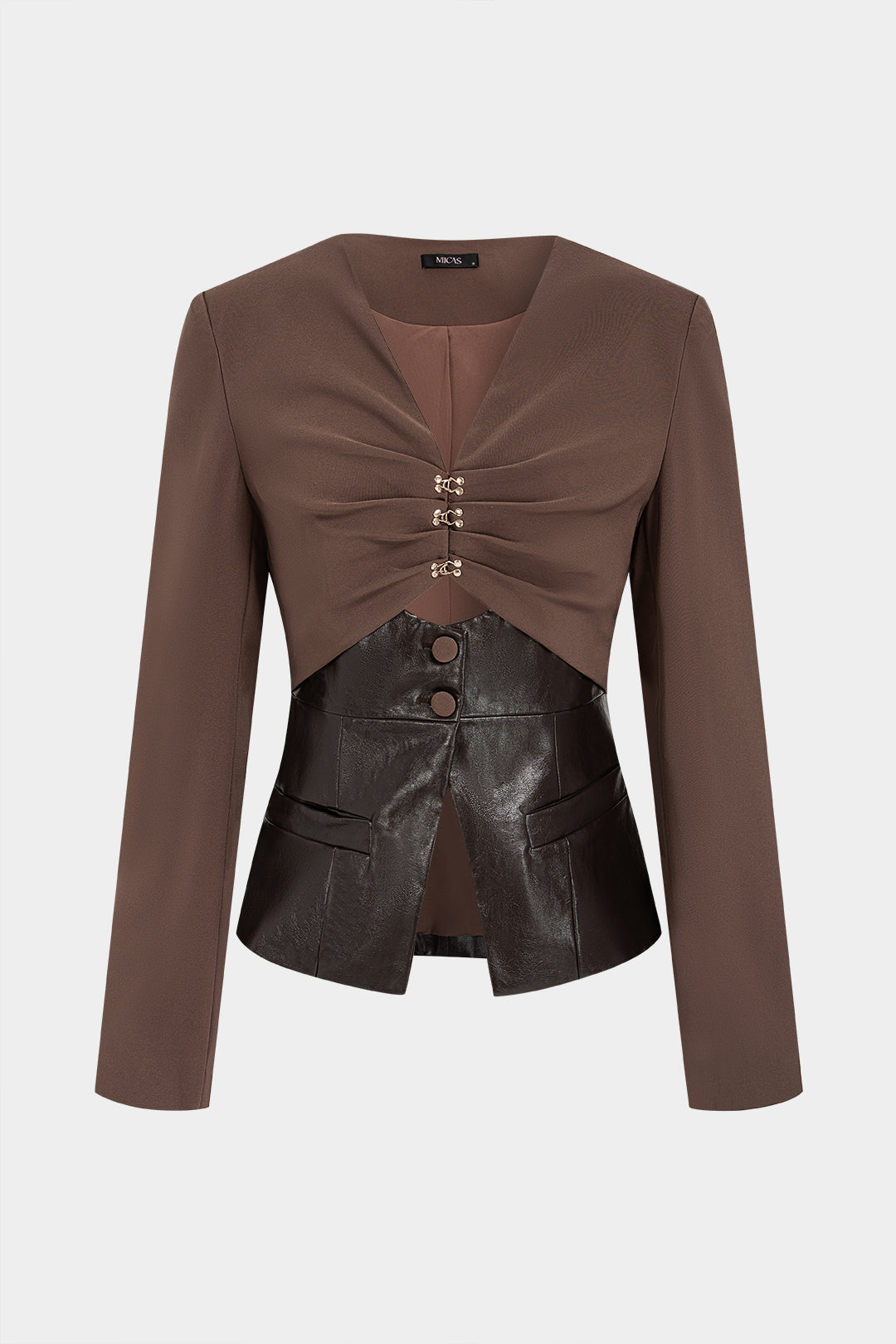 Leren-look patchwork jasje met V-hals, ruches en uitsnijding