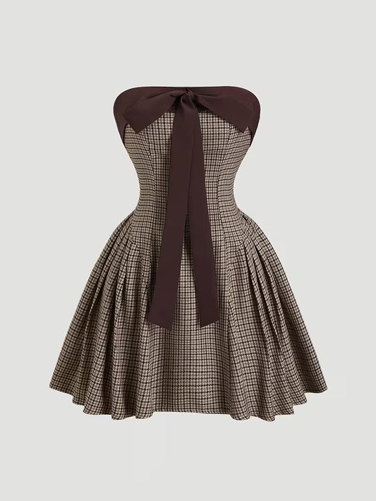 Retro Houndstooth Dress with Bow