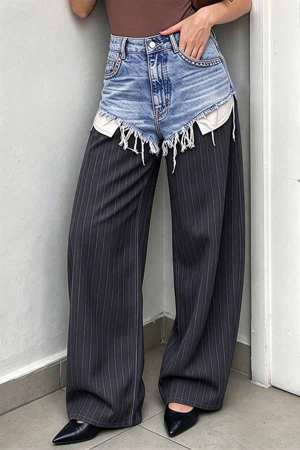 Gestreepte patchwork broek met rafelrand en zakken