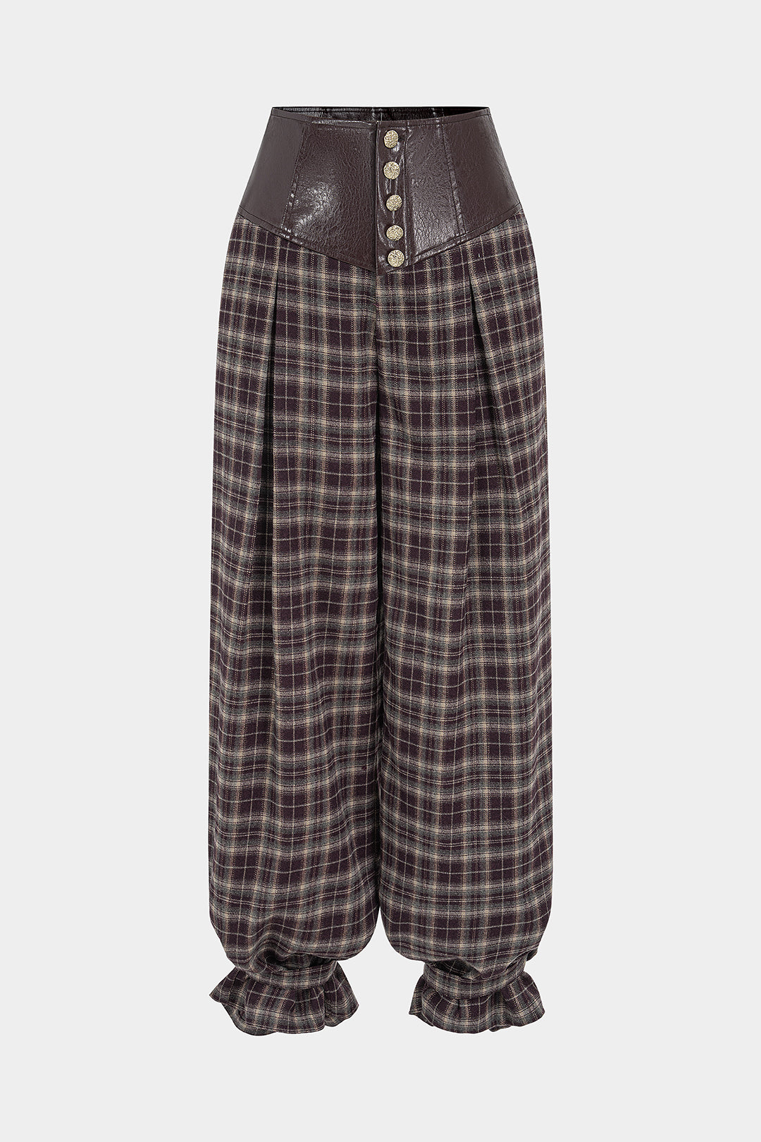 Geruite leren-look broek met knoopjes en ballonmodel