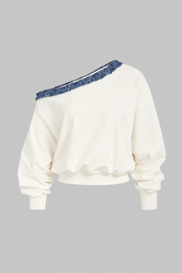 Patchwork denim sweater met één schouder