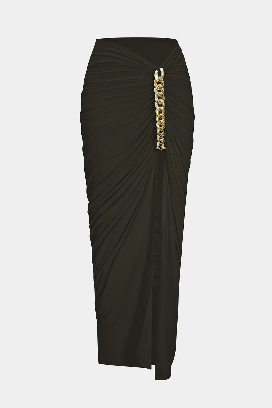 Asymmetrische rok met ruches, kettingdetail en split