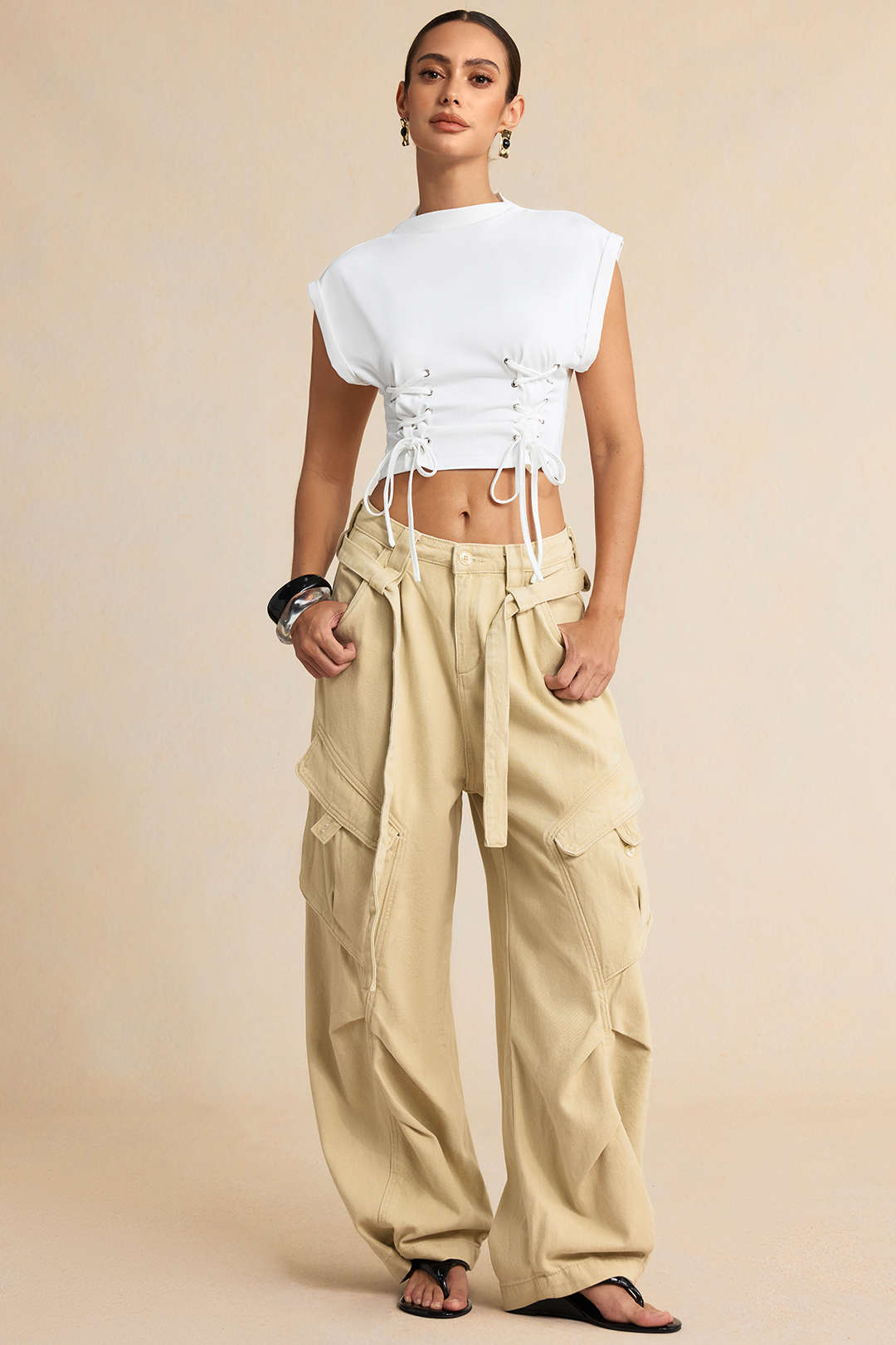 Effen T-shirt met strik en korte mouwen