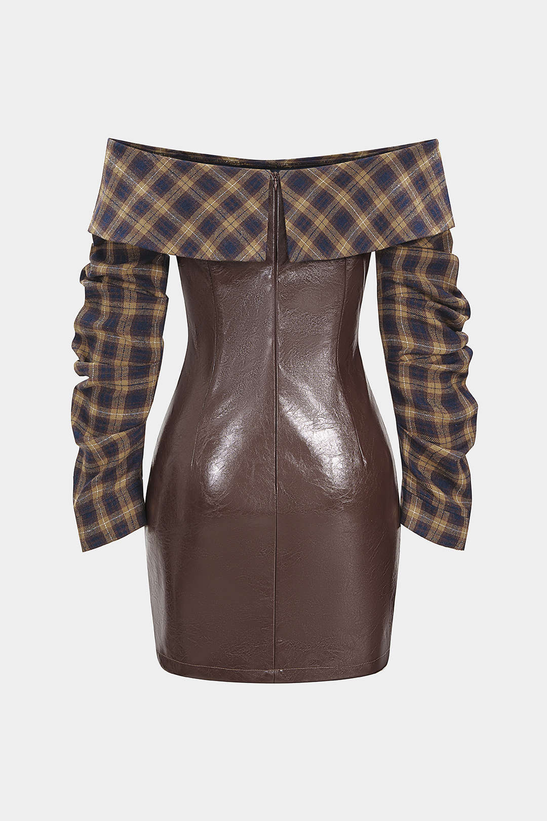 Leren-look patchwork minijurk met blote schouders en rits