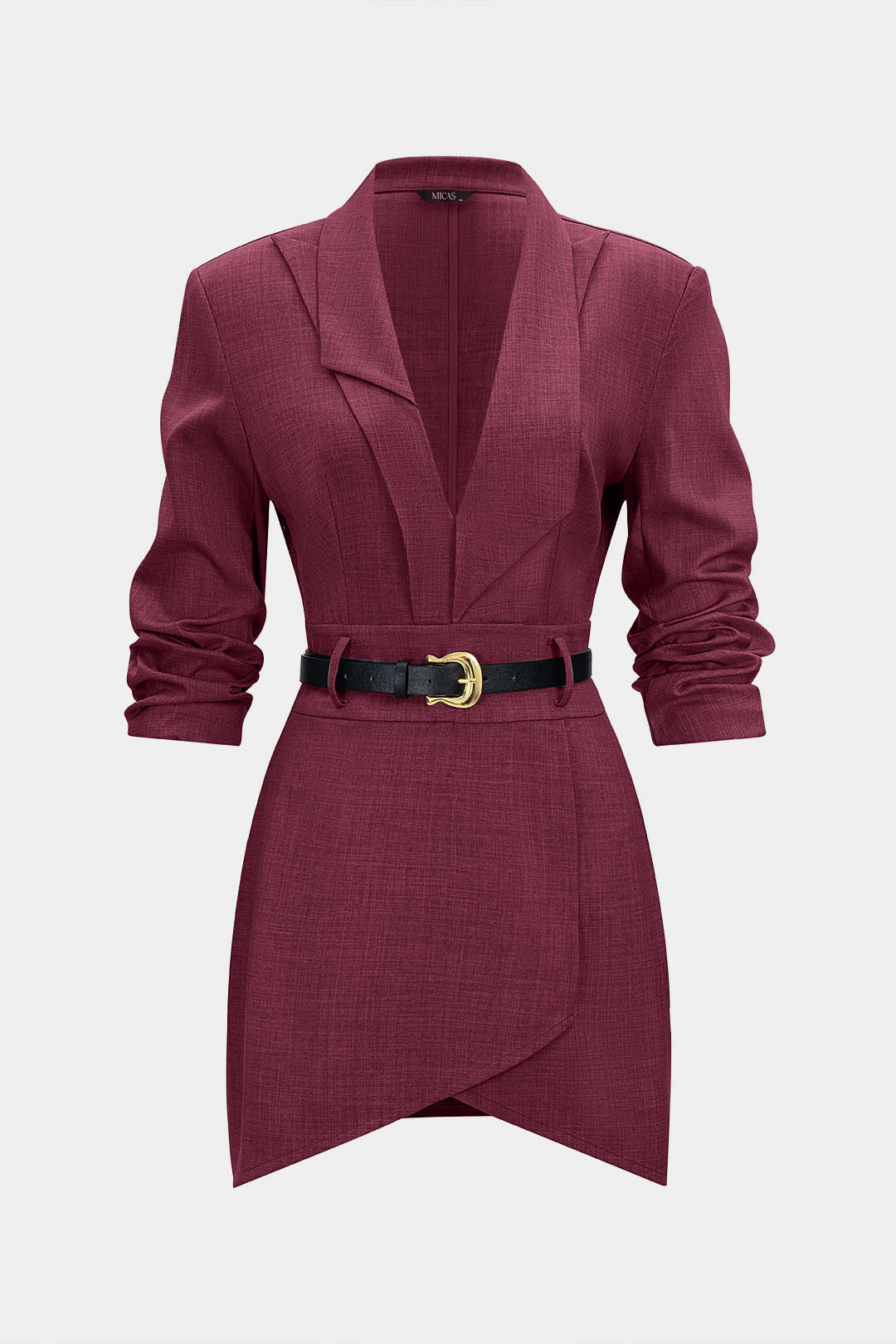 Asymmetrische minijurk met reverskraag, riem en lange mouwen